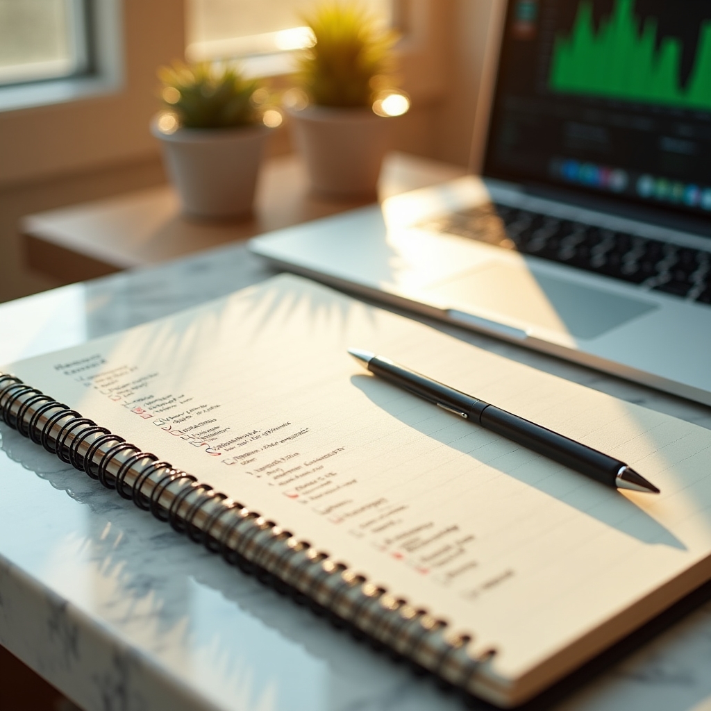 Organized desk with checklist document, laptop showing analytics dashboard, and notepad during website migration planning