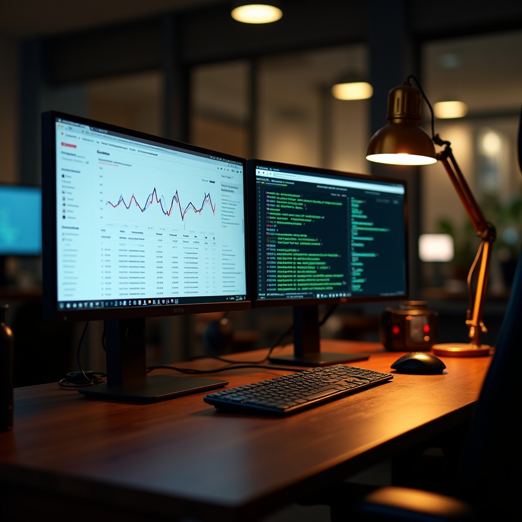 Professional reviewing technical SEO data on dual monitors showing server logs and search console data