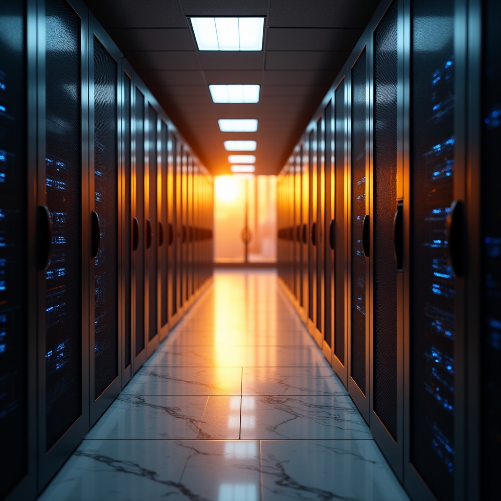 Server room with rows of rack-mounted servers showing infrastructure complexity
