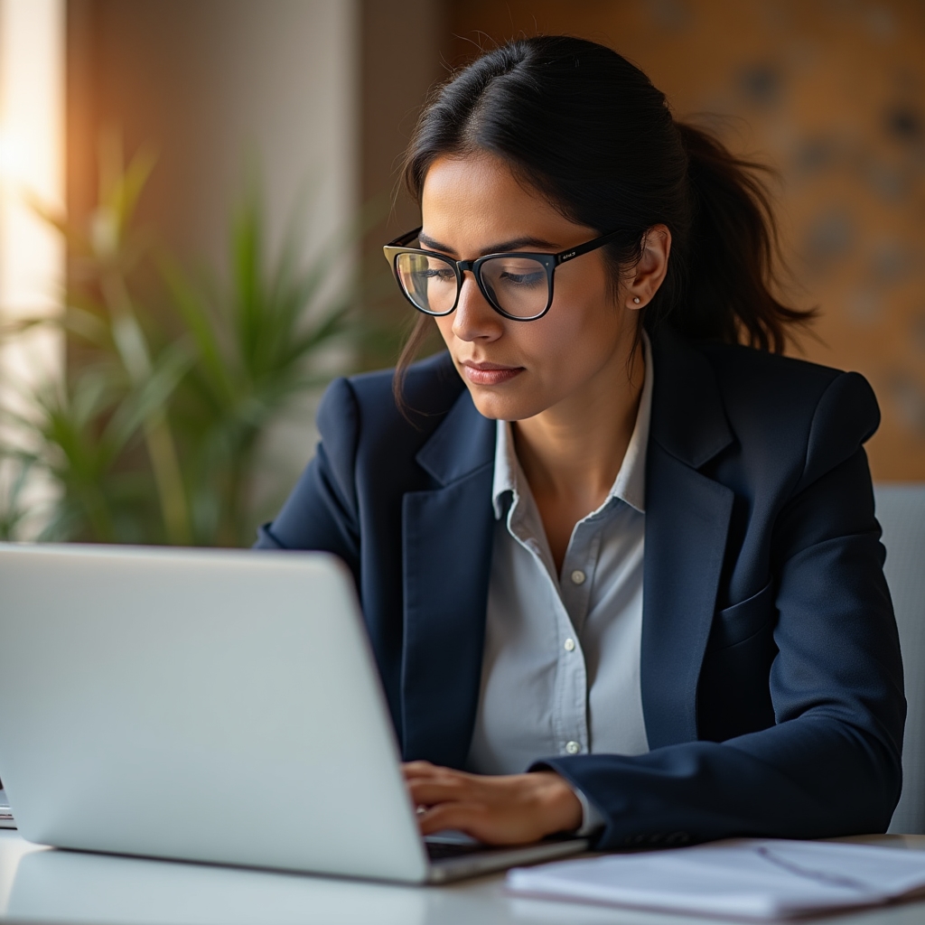 Small business owner reviewing website performance data on laptop at a clean desk in a professional office setting